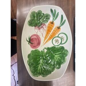Vintage Hand-Painted Vegetable Ceramic Salad Bowl Platter Large Serving Dish